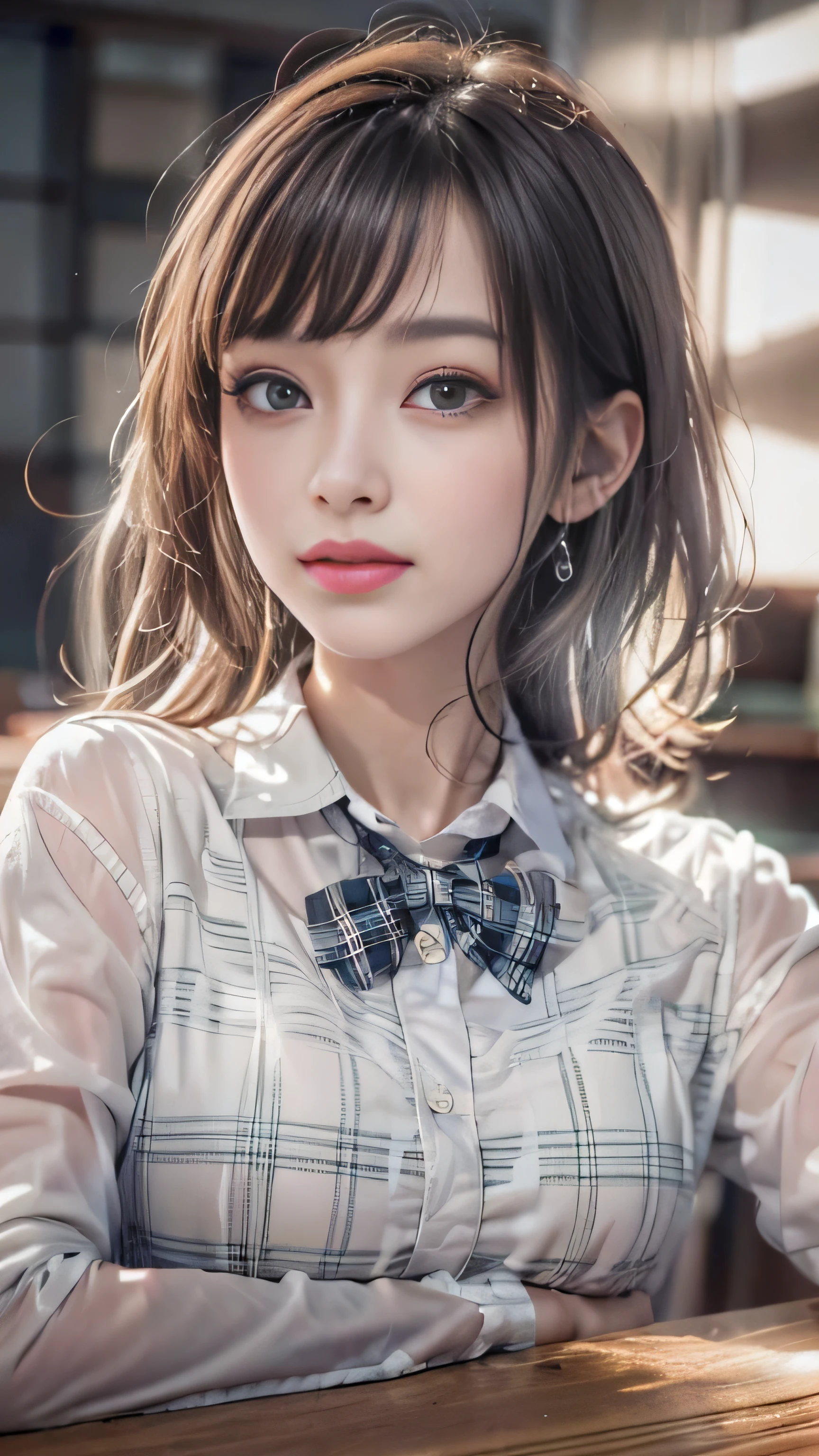 realistic, High resolution, soft light,1 female, alone, jewelry, Current school classroom,Biggest eyes,chest is low, long hair、((color々hair with color))(Super realistic)、(enlightenment)、(High resolution)、(8K)、(very get used to it)、(best illustrations)、(fine and beautiful eyes)、(highest quality),(detailed face)、alone、1 girl、looking at the viewer、get used to it、detailed face、in the dark night、deep shadow、secret key、Pure erotic face ace_、length、black shawl straight hair、46 point diagonal bangs,Female student、(white blazer、chest emblem)、translucent white blouse、red bow tie、( In bright colors,plaid)、,8K, highest quality, 超High resolution, table top, realistic, realistic, high contrast, photon mapping, real image, smile