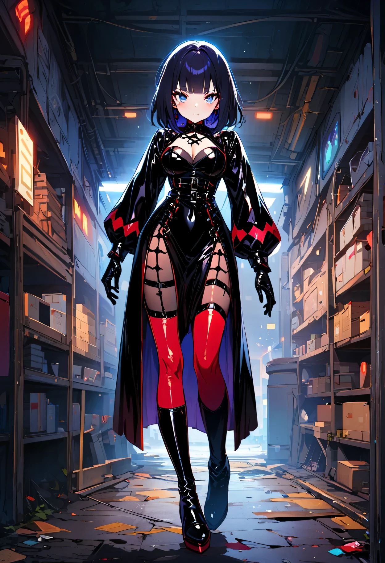 (Full body image of latex gothic fashion girl: 1.5), Japanese cartoons, Lovely, Smoky makeup, dark blue hair, blunt bangs, Straight short Bob, Blue three white eyes, black gloves, Latex knee-high boots, High-gloss finish, Super detailed, (basement), 8K.