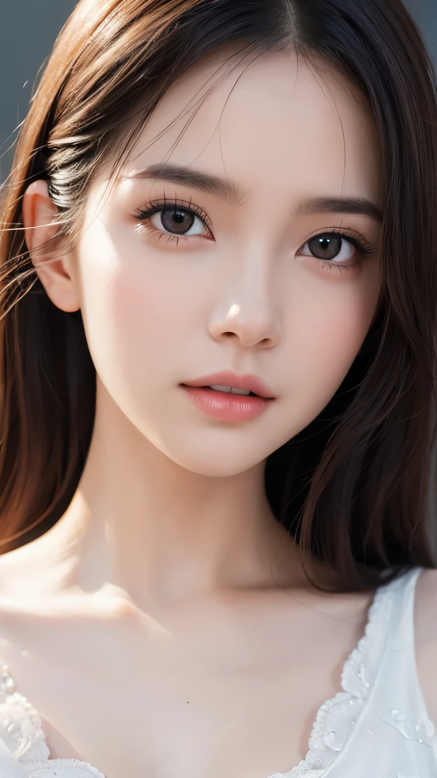 （lifelike,High resolution：1.3）， medium shot，slim girl， The face shape and eyes are super delicate,black hair,The lips are rosy and shiny,(pretty face), (best quality), (super detailed), (Extremely detailed CG unified 8K wallpaper),Full body photography，transparent dress,big eyes，Soft breasts,Very real breasts,puff out your chest,character-centered,