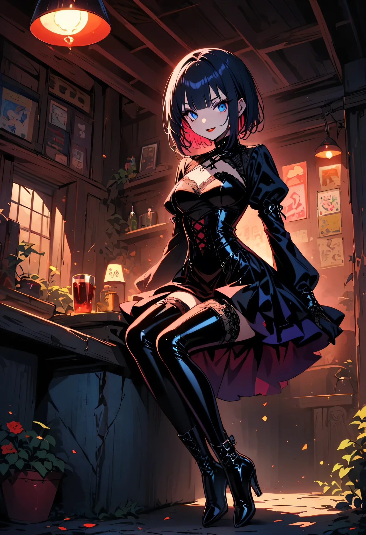 (Full body image of latex gothic fashion girl: 1.5), Japanese cartoons, Lovely, Smoky makeup, dark blue hair, blunt bangs, Straight short Bob, Blue three white eyes, black gloves, Latex knee-high boots, High-gloss finish, Super detailed, (basement), 8K.