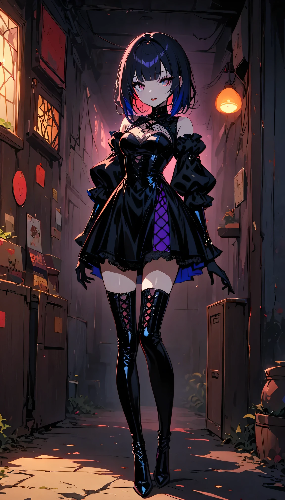 (Full body image of latex gothic fashion girl: 1.5), Japanese cartoons, Lovely, Smoky makeup, dark blue hair, blunt bangs, Straight short Bob, Blue three white eyes, black gloves, Latex knee-high boots, High-gloss finish, Super detailed, (basement), 8K.