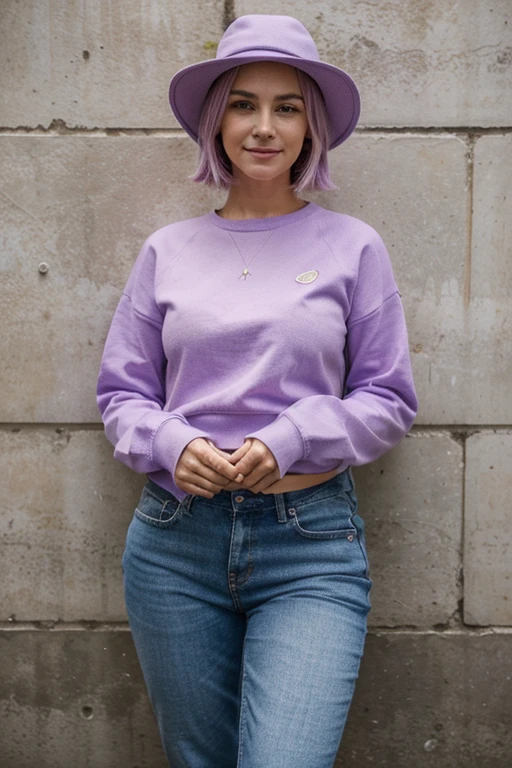 (corpo todo), (standing against a lilac wall), a 40 year old woman looking at the camera, Cabelo ondulado longo, rosto lindo detalhado, sorrindo levemente, lilac hat, lilac sweatshirt, bermuda jeans , athletic legs, decote, action photo, fundo de praia, noite, foto realista, CG, art station, obra de arte, high definition photography