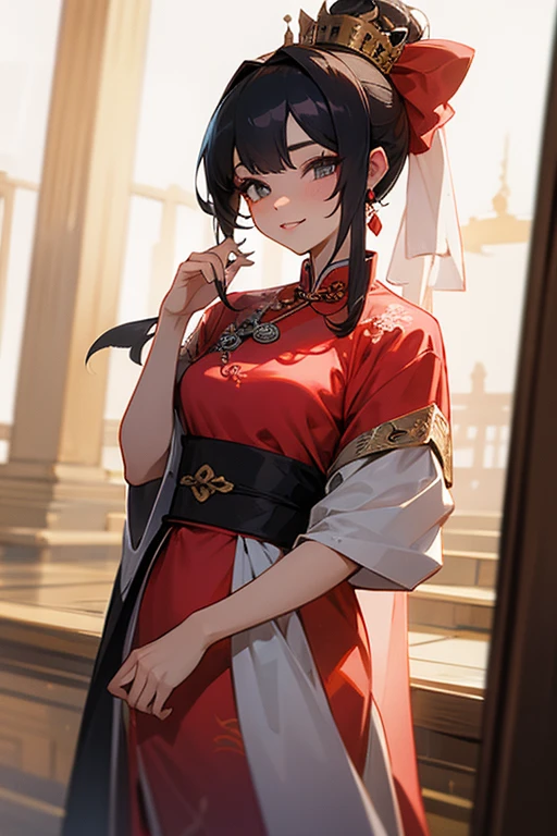 highest quality, masterpiece, High resolution, 1 girl, ancient Chinese pink dress, beautiful face, ancient chinese costume, Bowknot without original picture, elegant, Noble, crown, thin legs, goblin, hair accessory, alone, looking at the viewer, smile, shut up, lips, dress, hair accessory, necklace, jewelry, long hair, earrings, architecture, east asian architecture