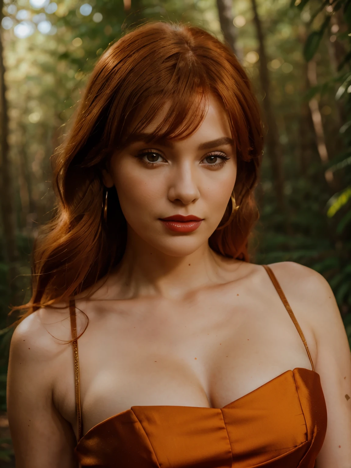 Portrait d'une rousse de 26 ans, nordique, Chest close-up, Disjointed cream-colored linen bustier revealing , les mains dans les cheveux, Ultra-detailed skin texture, sexuality, seduction, regard amoureux, Slight smile, river, Roche, forest, soleil couchant, dynamic light, cinematic rendering, 32K, ..RAW, photographed with a Nilon D850, Objectif 50mm, f/11