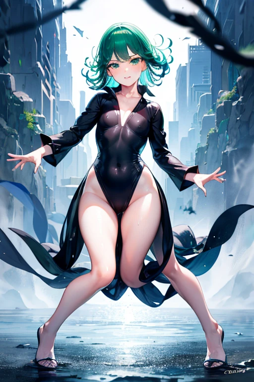 masterpiece,best quality,high resolution,extra digit,missing limb,extra digit,missing digit,fused fingers,mutanted hands and fingers,1girl,full body,looking at viewer,((realistic)),pale skin, fighter,dark green hair,dark green eyes,light smile,small breasts,small nipples,,large ass,stand,wet,sweat,erect nipples,cameltoe,(clothed),black dress long skirt,no panties,The body is floating