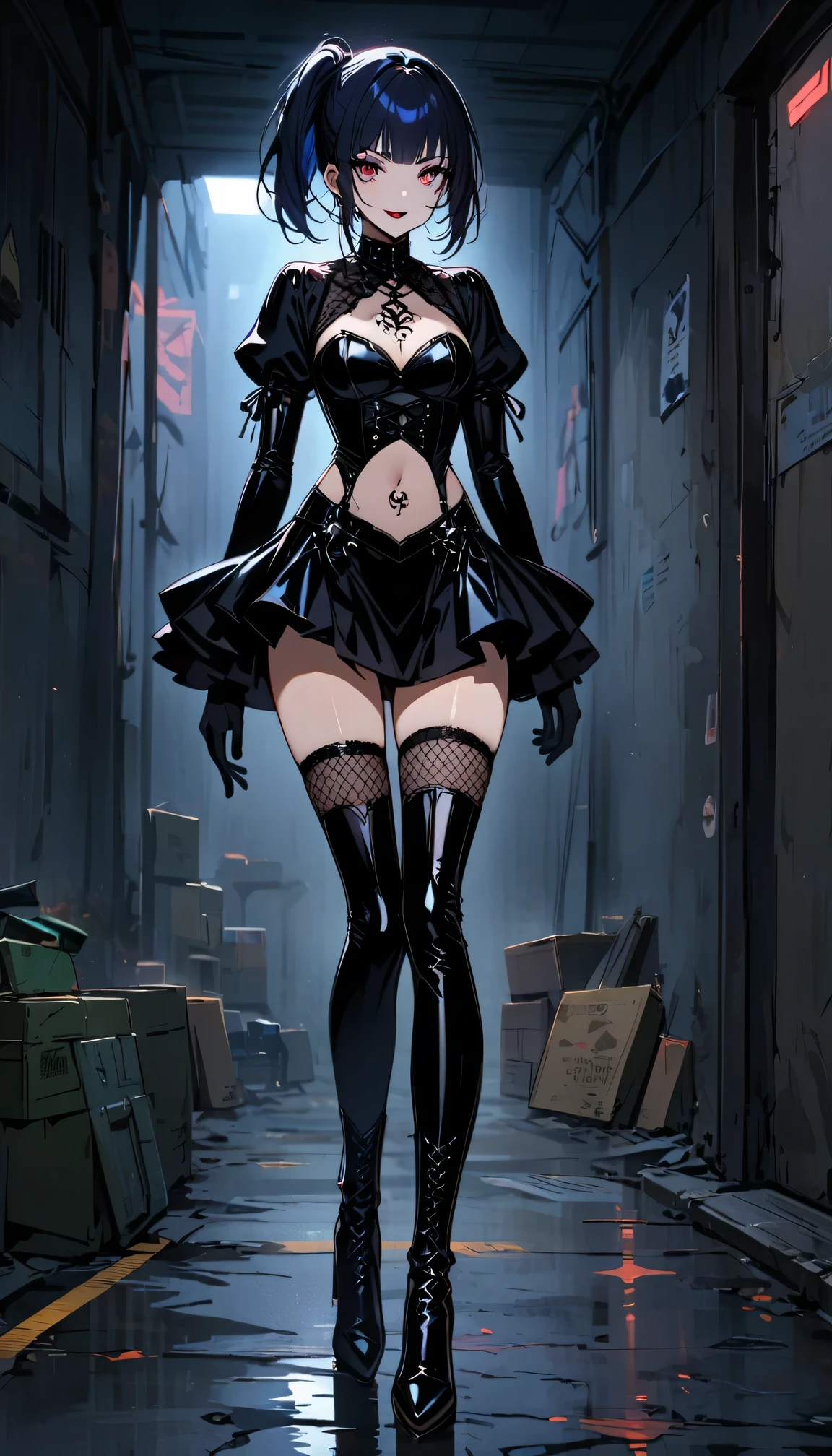 (Full body image of latex gothic fashion girl: 1.5), Japanese cartoons, Lovely, Smoky makeup, dark blue hair, blunt bangs, Straight short Bob, Navel tattoo, black gloves, Latex knee-high boots, High-gloss finish, Super detailed, (basement), 8K.