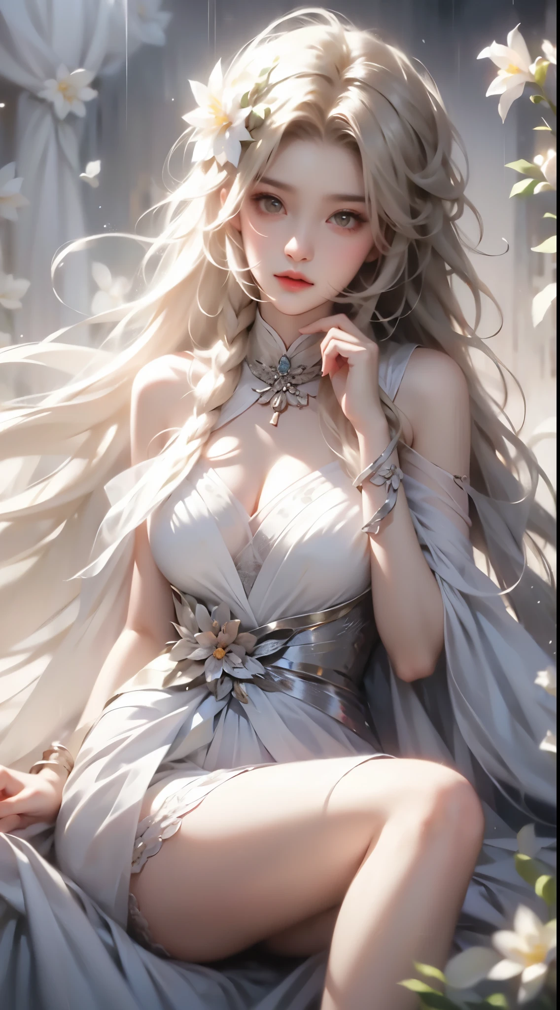 One hand resting on his lips、头发周围有白色Butterfly兰,Lilac dendrobium、orange lily、White Lily、1 girl in、((knee shot))、((bare shoulders)), ((The skirt is short)), ((Slender sexy legs)),white hair、flowing hair、hazy beauty、Have extremely beautiful facial features、hairpins on head、lying among flowers、Drag your chin with both hands、perfect hands、rosette、(spring、rainy day、Butterfly、cliff)、 vector art、Chinese contemporary art、soft light lighting、intertwined scarves、look down