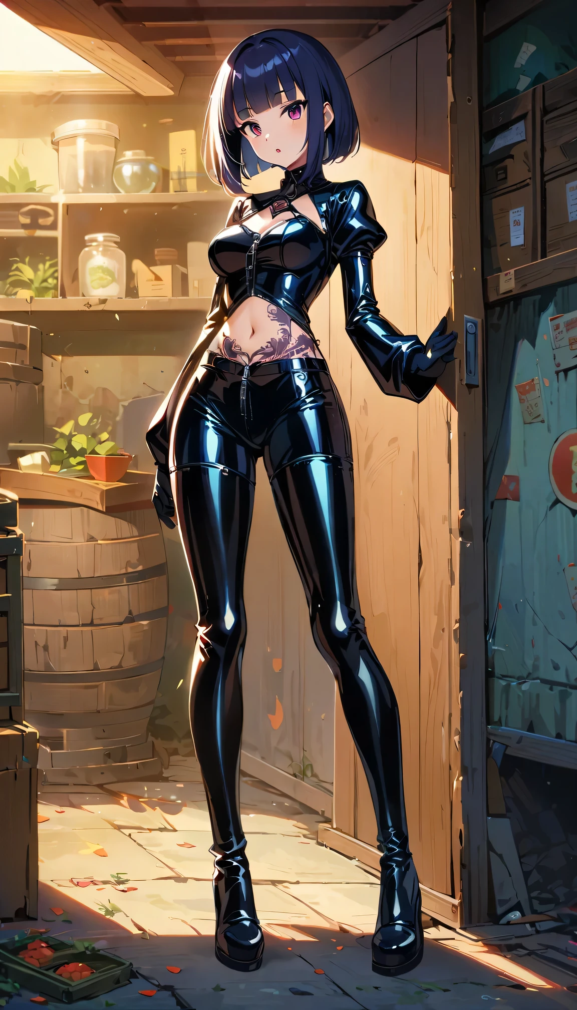 (Full body image of latex gothic fashion girl: 1.5), Japanese cartoons, Lovely, Smoky makeup, dark blue hair, blunt bangs, Straight short Bob, (Navel tattoo), black gloves, Latex knee-high boots, High-gloss finish, Super detailed, (basement), 8K.