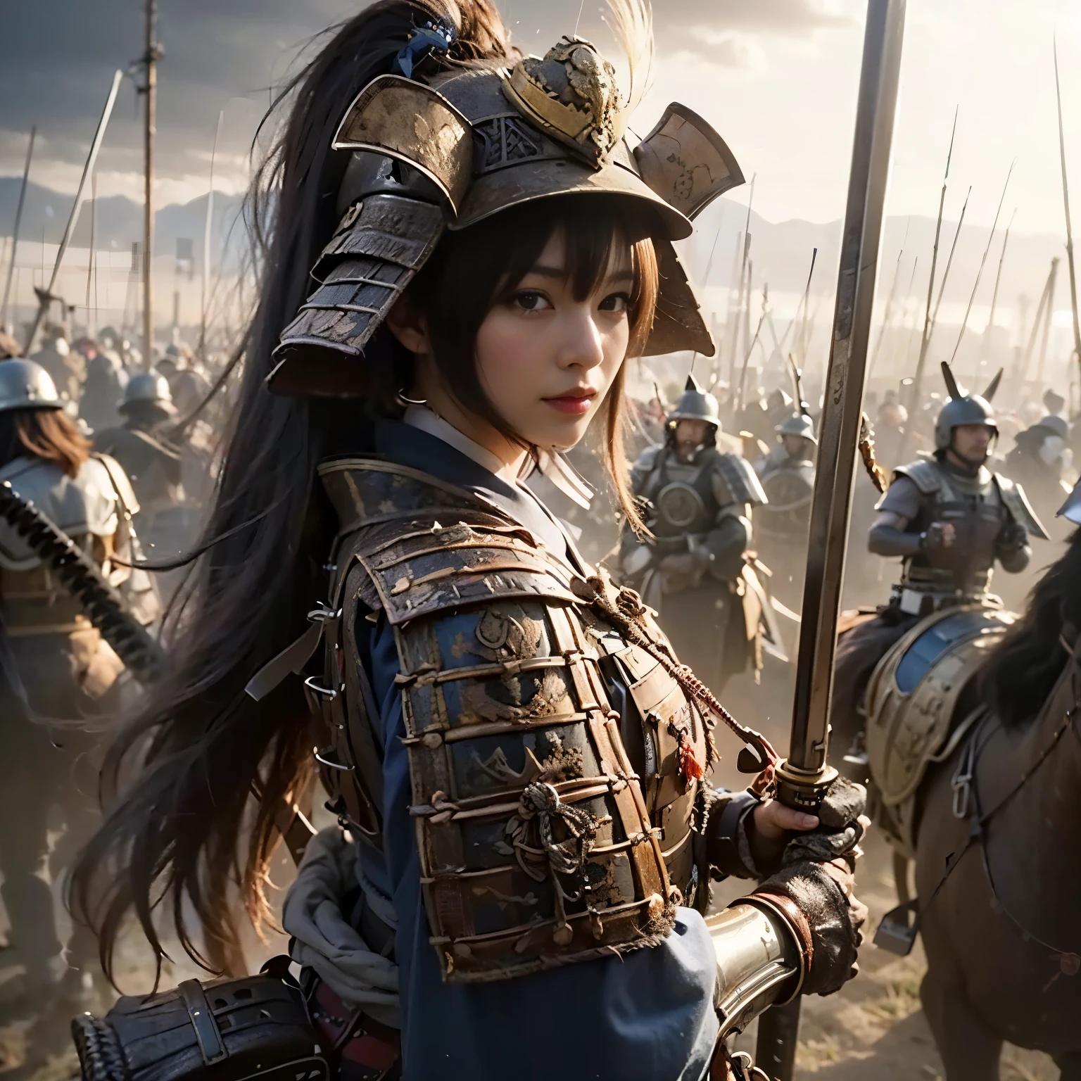 (best quality,4k,8k,highres,masterpiece:1.2), ultra-detailed, (realistic, photorealistic, photo-realistic:1.37), samurai armor, traditional Japanese sword, beautiful girl, kawaii, ponytail, super detailed, hyper-realistic texture, realistic, lifelike photography.