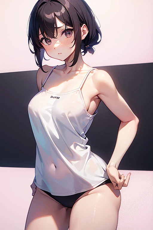 1girl,solo,retina,masterpiece, Awards, high quality, High resolution, HD, 4K,8K,high quality, rough skin,breast focus,(large breasts:1.3),faint smile,oily skin,underside of breasts,(mochi shaped breasts:1.2),(closeup breasts:1.1),,(short height,petite:1.4),(long camisole:1.3),breasts roundness,stradding,(breasts shaped clothes,adjusting clothes:1.2),Neat clothes,shrug shoulders,breathing heavily