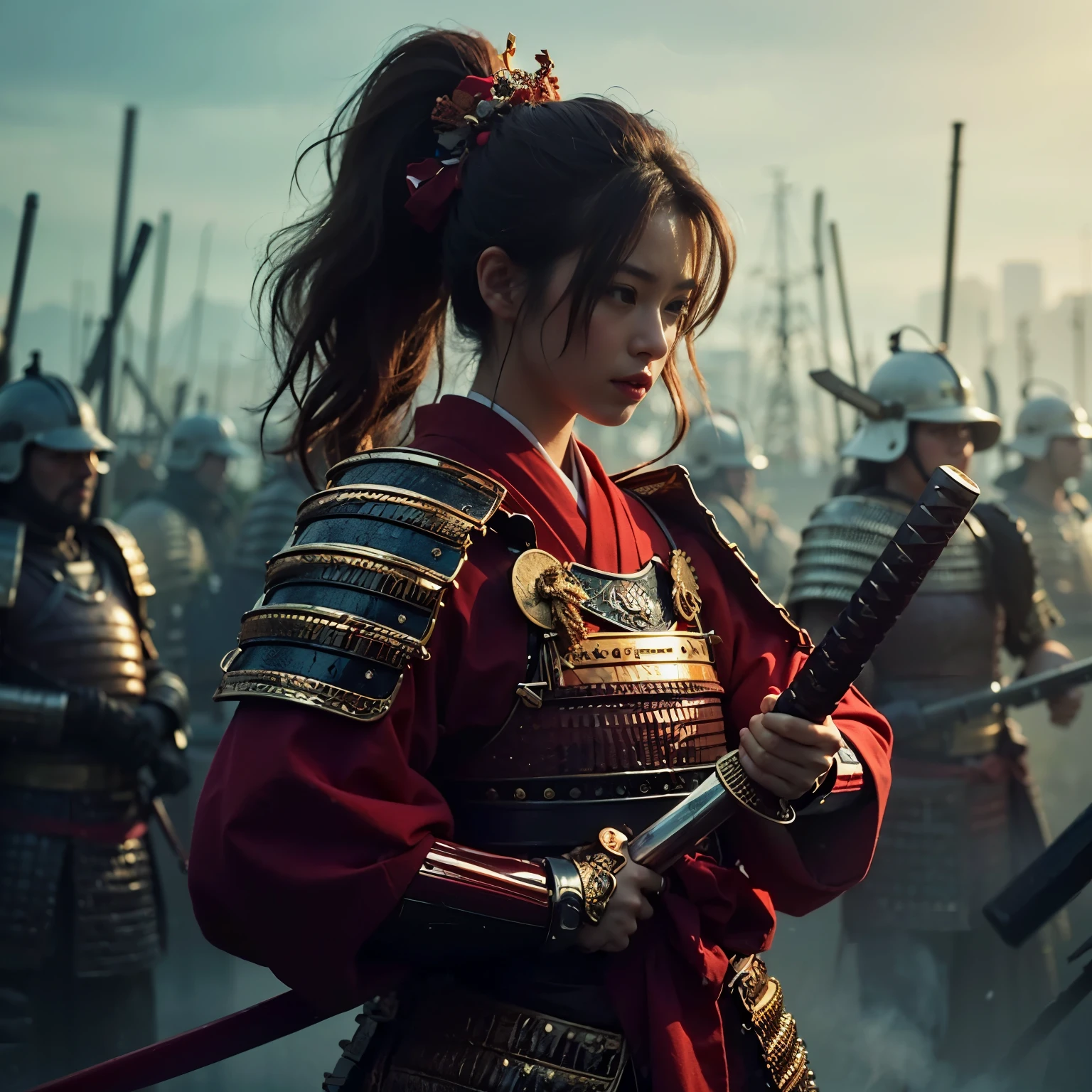 (best quality,4k,8k,highres,masterpiece:1.2), ultra-detailed, (realistic, photorealistic, photo-realistic:1.37), samurai armor, traditional Japanese sword, beautiful girl, kawaii, ponytail, super detailed, hyper-realistic texture, realistic, lifelike photography.