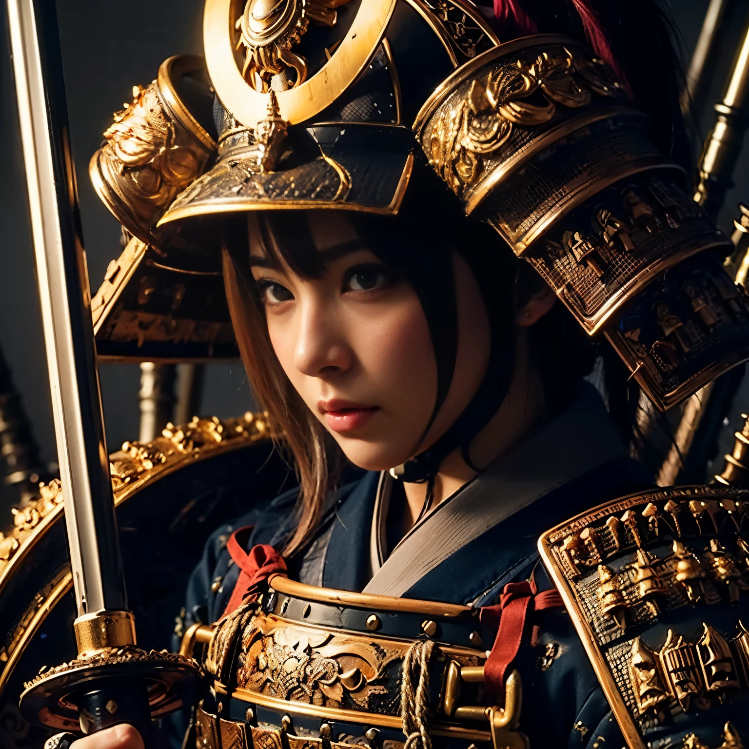 (best quality,4k,8k,highres,masterpiece:1.2), ultra-detailed, (realistic, photorealistic, photo-realistic:1.37), samurai armor, traditional Japanese sword, beautiful girl, kawaii, ponytail, super detailed, hyper-realistic texture, realistic, lifelike photography.