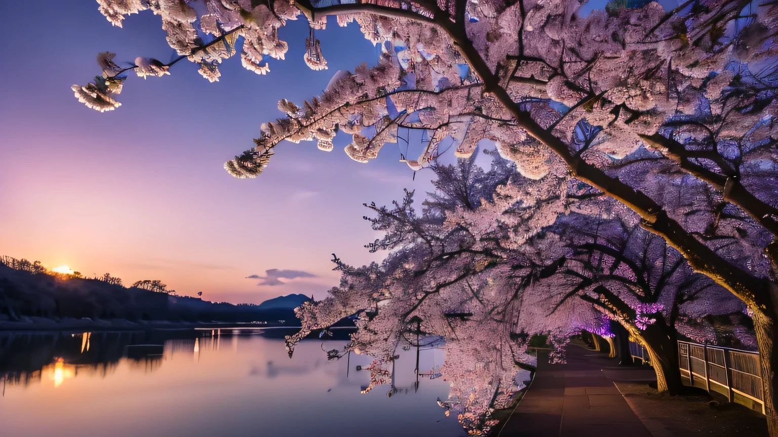 ((masterpiece, highest quality, highest quality, High resolution, realistic, Raw photo, 8K)), Purple cherry blossom, really beautiful nature, cherry blossoms at night, Cherry tree in full bloom, beautiful nature, purple sky, beautiful purple sky, very beautiful, beautiful place, fantastic scenery, feeling of being in the midst of Cherry tree in full bloom.