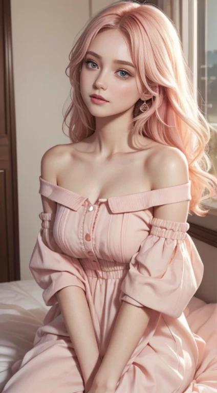 elegant, brutal designer, Bright colors, romanticism,off shoulder, rosy cheeks,perfect skin,Bedroom,innocence, purity, Functionality,in the center, stare,creamy,attractive, peach, pastel,hair between eyes,single side lock,cropped shoulder 