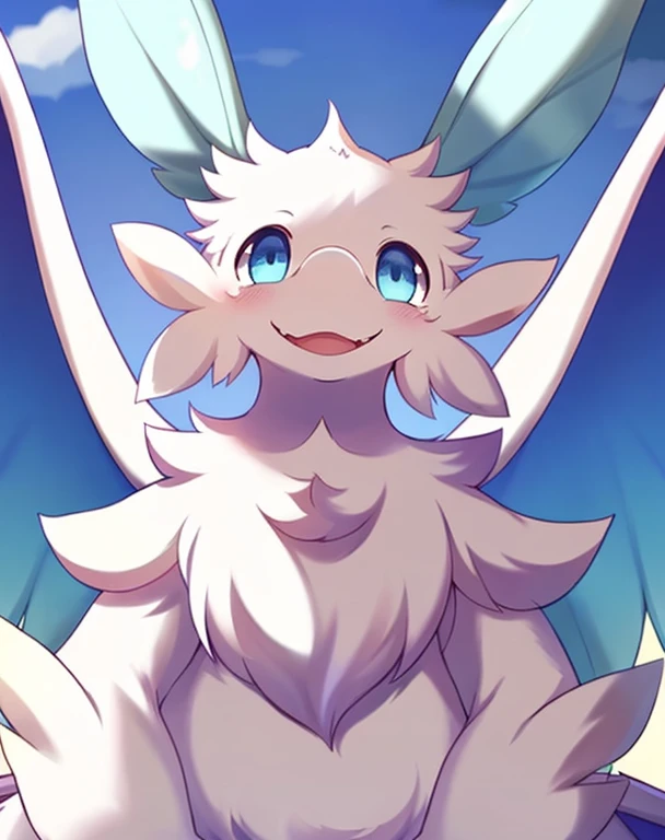 by Whooo-Ya, by Sskomu \(artist\), by Kakure Eria, (solo furred dragon quivern:1.3), (fluffy, white body, wings, blue eyes, round eyes, 2 blue antennae, white claws, submissive:1.25), BREAK, detailed background, depth of field, shadow, sunlight, ambient silhouette, backlighting,female,whole body,grinning,dynamic angle,lean on,perspective from below,Feels good