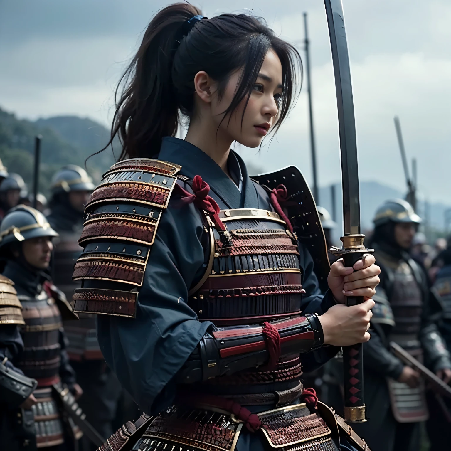 (best quality,4k,8k,highres,masterpiece:1.2), ultra-detailed, (realistic, photorealistic, photo-realistic:1.37), samurai armor, traditional Japanese sword, beautiful girl, kawaii, ponytail, super detailed, hyper-realistic texture, realistic, lifelike photography.