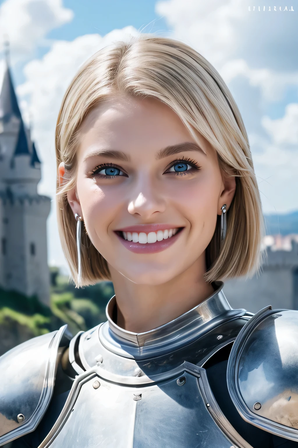 8K、highest quality、female knight、The background is a castle、Luxurious Silver Armor、、hairstyle short cut、smile、beautiful teeth、full body photo、ear piercing、blonde、white woman、blue eyes、heavy makeup、The background is a cloudy sky