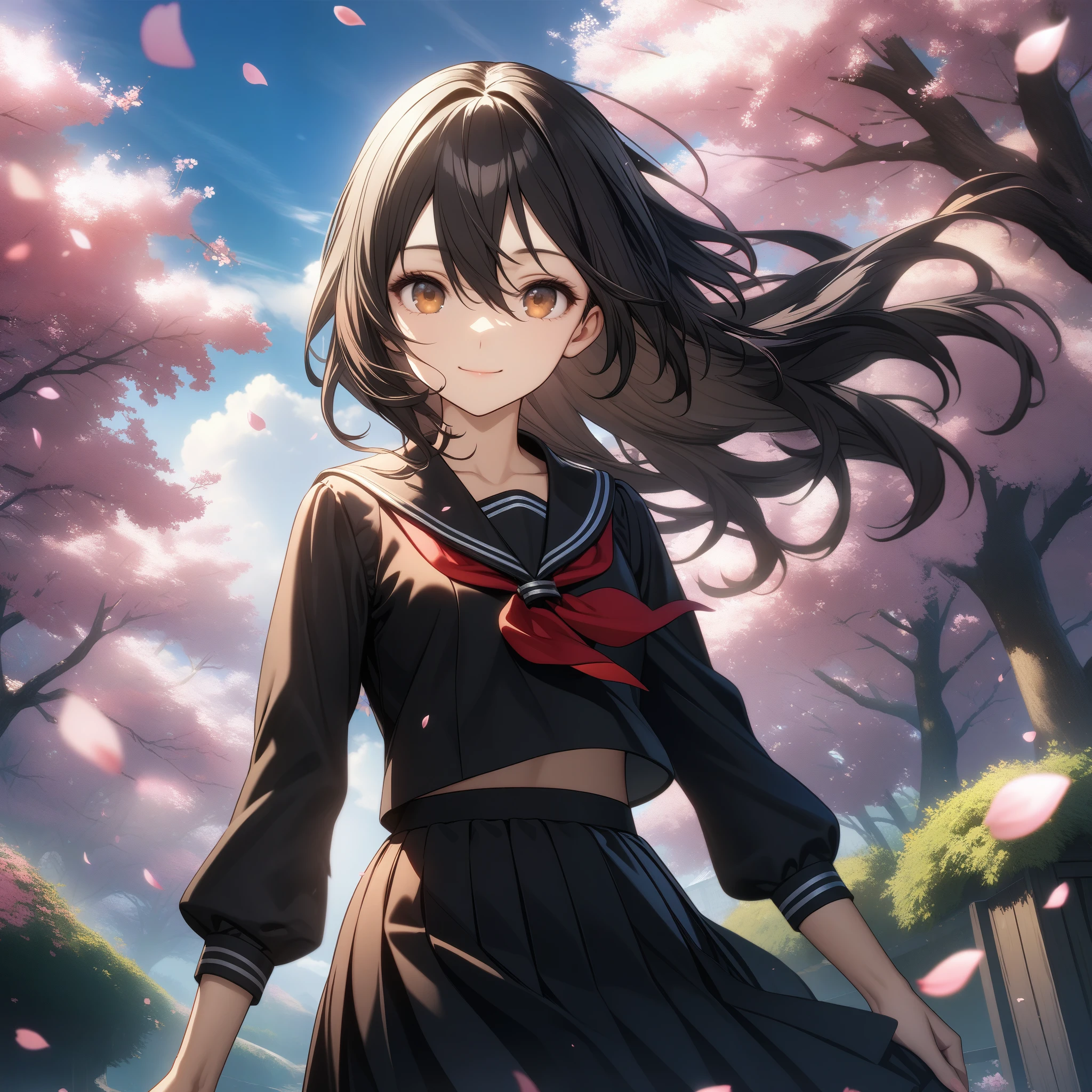 32k, best quality, ultra high res, HDR, UHD, extremely detailed CG, unity 32k wallpaper, solo, hair between eyes, brown eyes, black hair, closed mouth, standing, flower, outdoors, sky, cloud, tree, petals, floating hair, cherry blossoms, pink flower, (black sailor suit), smile,
