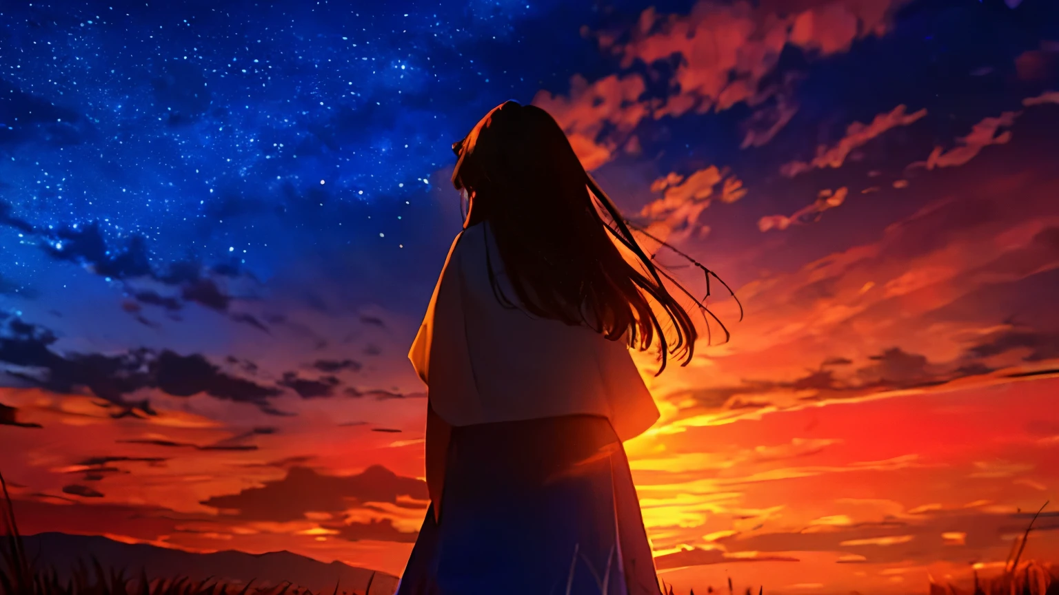 masterpiece、High definition、sunset、hill、cloud、long hair、detailed hair、woman、back view、beautiful starry sky、look up at the sky、The wind is blowing、Wide sky、headphones