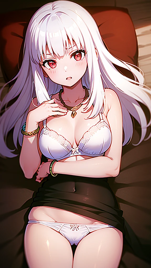 masterpiece, best quality, 1 solo girl, white hair, pink red eyes, long hair, medium breasts, sexy body and face, wavy hair, white bra, white panty, jewelry, bracelet, necklace, night, cowboy shots, detailed body, face, and eyes, sharp focus, vibrant, creative, dynamic, high definition, high resolution, 8k, (Upscale: R-ESRGAN 4x+ Anime6mage enchance:4x), voluptuous body, lying at the bed,