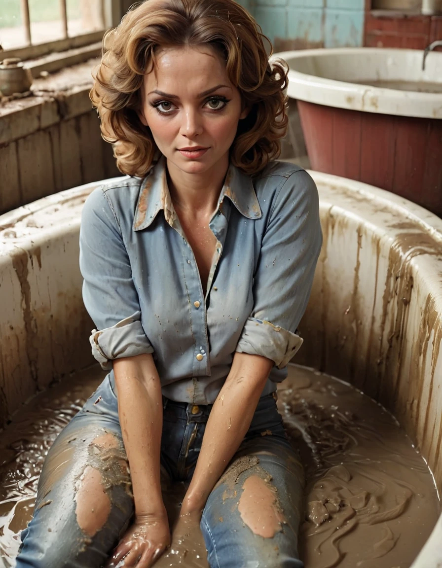 (best quality, highres), (70s setting), [fetishistic session], (realistic), [dirty bath], mature woman, (sitting deep inside bath in muddy substance), detailed face features, soaking wet jeans, dirty touches, masturbation, expression of despair and gloomy ecstasy,tight blouses, vintage atmosphere, retro, vibrant colors