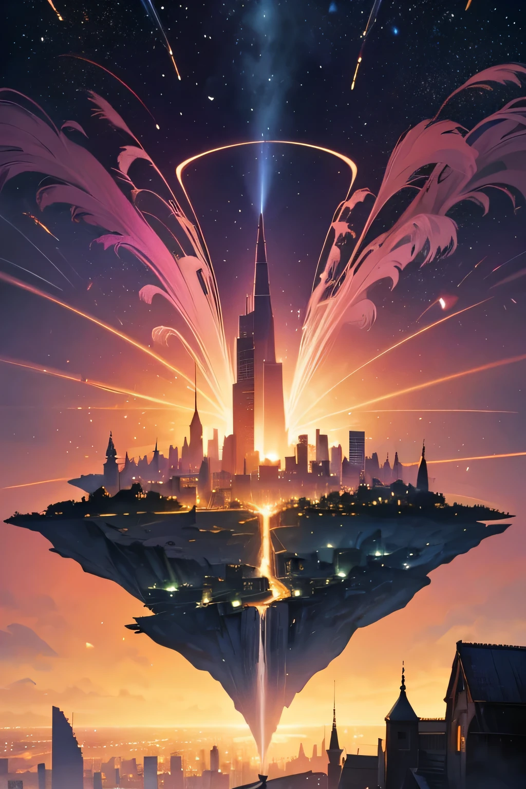 In the ethereal glow of a magenta-tinted world, a lone figure stands atop a precipice, transfixed by the breathtaking sight before him.
Below, nestled within the cradle of the cliff's embrace, lies a city unlike any other—a metropolis born of dreams, a testament to the boundless creativity of the human spirit.As the radiant sun casts its warm embrace over the scene, every corner of this surreal cityscape is illuminated with a heavenly glow, painting the landscape in hues of rose and gold. Skyscrapers stretch skyward like towering monoliths, their angular silhouettes cutting a striking contrast against the horizon.Yet, there's an otherworldly quality to this city, an aura of the fantastical that defies logic and reason. Streets twist and turn in mesmerizing patterns, leading the eye on a journey of discovery through alleyways adorned with shimmering lights and cascading waterfalls.
For the man on the cliff's edge, this sight is nothing short of miraculous—a city that was never meant to be, yet exists in all its splendor before his eyes. In this moment, he feels a swell of emotion rising within him—an overwhelming sense of wonder, gratitude, and perhaps even a hint of melancholy for the beauty of a world that exists only in dreams.