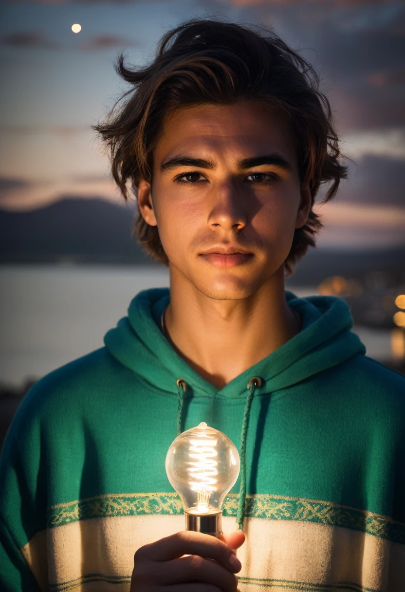 20 year old young man holding a light bulb with a rope tied to it., con poderes magicos, Buena foto iluminada, linda jovencita, hermosos ojos grandes y claros, Holding a bedside lamp, portrait photography, retrato, luces encendidas, Luces fluorescentes parpadeantes, chica crea algo grandioso, harsh lighting!, bellamente iluminado, buena iluminacion, luz de bajo perfil