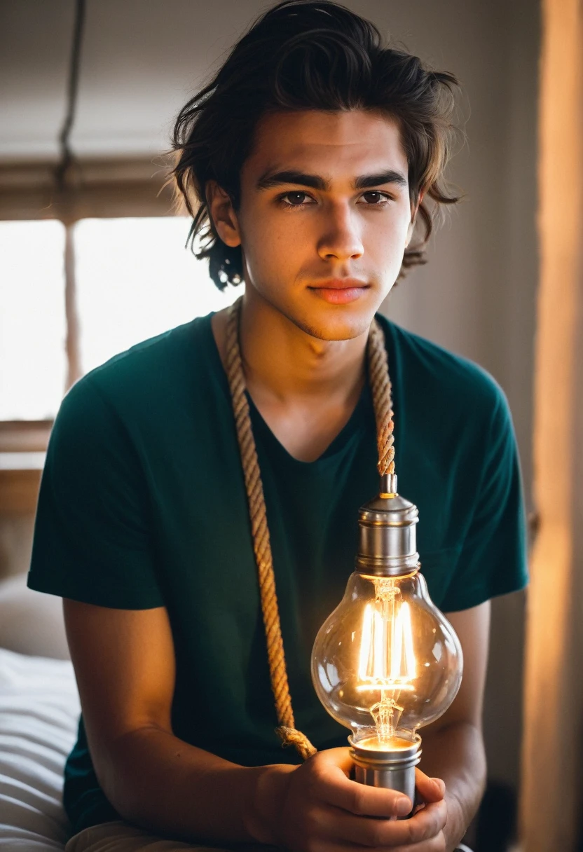 20 year old young man holding a light bulb with a rope tied to it., con poderes magicos, Buena foto iluminada, linda jovencita, hermosos ojos grandes y claros, Holding a bedside lamp, portrait photography, retrato, luces encendidas, Luces fluorescentes parpadeantes, chica crea algo grandioso, harsh lighting!, bellamente iluminado, buena iluminacion, luz de bajo perfil