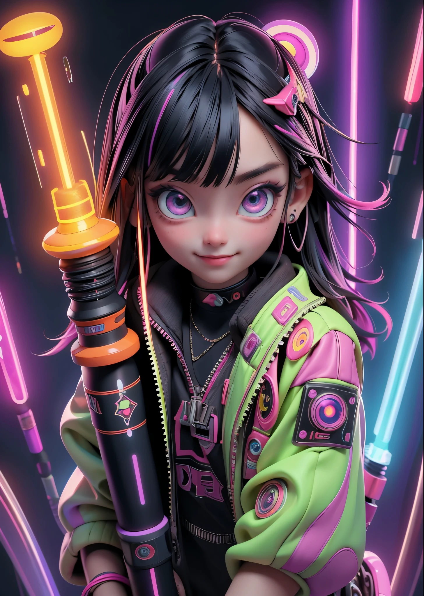 Psychedelic world、cyberpunk fashion、1 cute boy、smiling girl、Big eyes、Hold a light sabre、amber hair、colorful gel background、Fractal background、perfect lighting、sharp focus、High resolution、High resolution、High color rendering、High resolution、Super realistic、realistic
