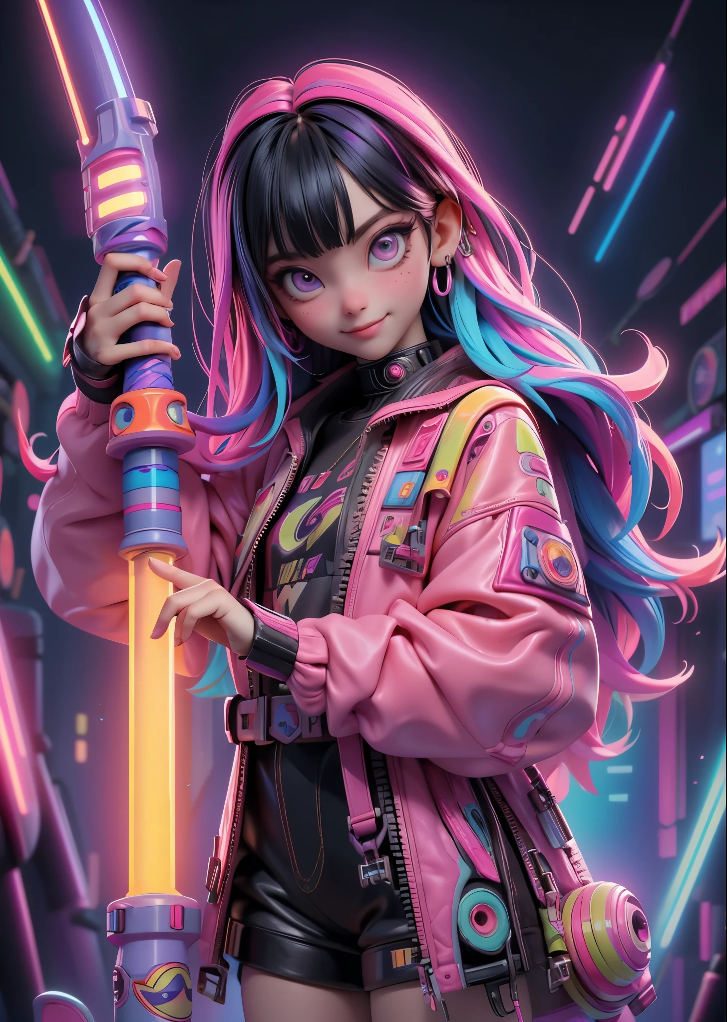 Psychedelic world、cyberpunk fashion、1 cute boy、smiling girl、Big eyes、Hold a light sabre、amber hair、colorful gel background、Fractal background、perfect lighting、sharp focus、High resolution、High resolution、High color rendering、High resolution、Super realistic、realistic 