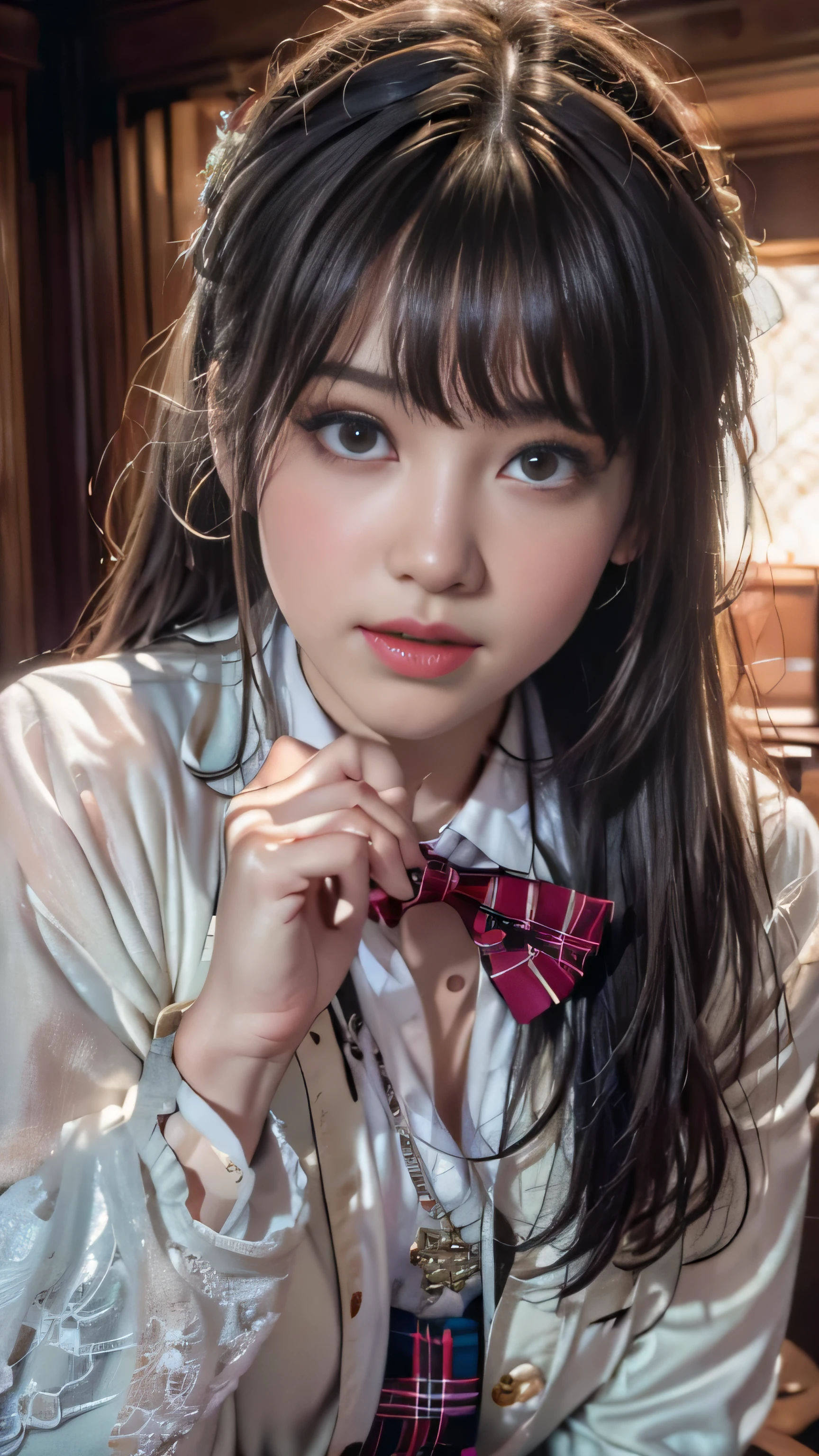 realistic, High resolution, soft light,1 female, alone, jewelry, Current school classroom，Biggest eyes，chest is low, long hair、((color々hair with color)）(Super realistic)、(enlightenment)、(High resolution)、(8K)、(very get used to it)、(best illustrations)、(fine and beautiful eyes)、(highest quality),（detailed face）、alone、1 girl、looking at the viewer、get used to it、detailed face、in the dark night、deep shadow、secret key、Pure erotic face ace_、length、black shawl straight hair、46 point diagonal bangs,Female student、(white blazer、chest emblem)、translucent white blouse、red bow tie、( In bright colors,plaid)、,8K, highest quality, 超High resolution, table top, realistic, realistic, high contrast, photon mapping, real image, smile