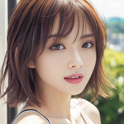 "(best quality, high resolution, tabletop, wallpaper, (realistic:1.25), bright lighting, professional lighting, face light, smooth lighting, Japanese woman, adult, beautiful woman, action, gravure, sexy, slender, incredibly beautiful, very beautiful detailed eyes, detailed face, slim, (very short fluffy hair:1.0), red hair color, clear eyes, look into the camera, (ecstasy:1.2), (orgasm:1.2), (erotic:1.2), close-up of the face, camisole)"