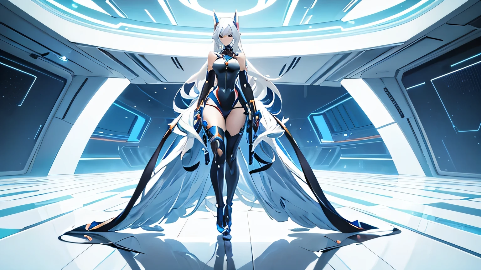 A full-length modern and elegant woman without clothes is depicted in this image, exuding a futuristic aura. Her long, wavy blonde hair cascades down her back in a sleek, futuristic hairstyle, perfectly matching her high-tech attire. She wears a form-fitting spacesuit, vibrantly colored and adorned with metallic details, reflecting the advanced technology of the future. Her futuristic accessories, like holographic bracelets and streamlined shoes, complement her tech look. The scenario takes place in a spacious and modern environment, characterized by elegant lines and futuristic architecture. The environment is illuminated by a variety of colors