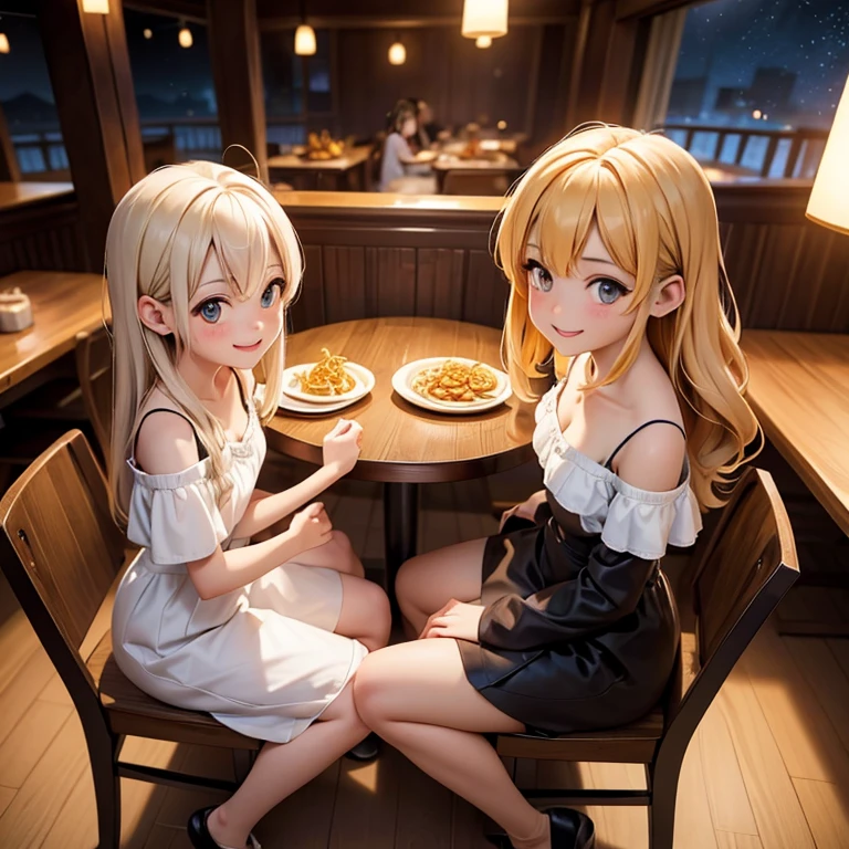 Sitting in a western restaurant((Curry rice))eat(2 girls)　(a smile)　off shoulder top　spoon　dim lights　(starry sky)　full-body shot 　in distance　Matte texture shallow depth of field　pixiv style　wide angle　from above　anime one