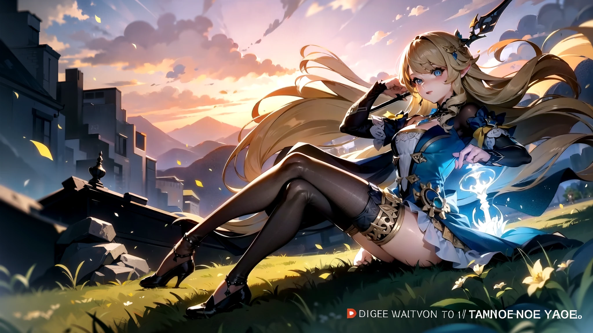 image of a woman standing on a hill with a umbrella, breath of the wild screenshot, fantastic art, cute anime girl, masterpiece, extremely detailed, amazing, finely detail, solo, floating hair, outdoors, sky, wind, detailed background, beautiful detailed eyes, see-through:evening dress:0.3, cleavage, bright pupils, full body, dynamic pose, dynamic angle, cleavage, looking at viewer, detailed clothes, cinematic lighting, close-up, best quality, very detailed face,
