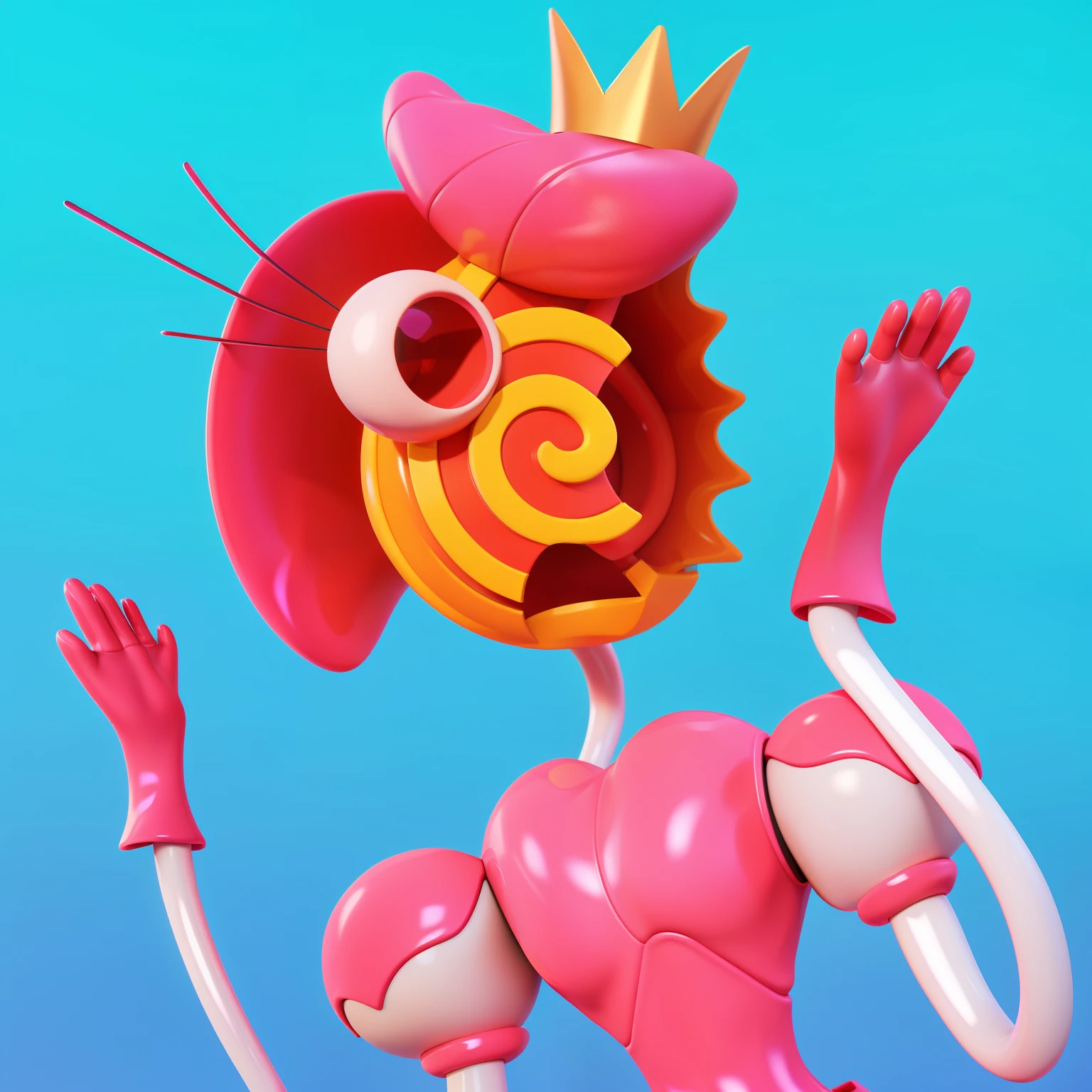Close-up of a cartoon character wearing a pink dress and light, Pink cult character, гуманоид розовый женский кальмар young woman, animated character, green scared eyes, Beautiful pink little alien, this character has cryokinesis, shining pink face, character close up, humanoid character, Stylized 3D, chewing body, stylized character, 3D character, 3rd character A blue character with a hat, a sad face, and a yellow bow tie is standing in front of a purple door. It has two golden loops around its body. there is a blue-orange daddy long legs in a hat and a yellow rope, iconic character with high detail, 2 d illustration, 2D illustration, stylized digital illustration, art of mobile games, in the elevator, Digital illustration -, Game illustration, mobile game background, 2d digital illustration, evil. bright colors. Cute, blue daddy long legs toy, glossy texture, smooth 3d model, A character head, wearing a pink dress and a crown, 3D icon for mobile game, cartoon key frame rendering, Cute 3D рендеринг, Friendly cat, Shiny metallic, zbrush color rendering. perfect cgi, cgi art created only with gradients, smooth silhouette, high intensity refraction, (plastic material), most beautiful vfx, blue background, plastic refractions, pink mommy long legs toy, glossy texture, smooth 3d model, multiple light sources, rim light, sharp post effects render, (glossy plastic texture with multiple big light probe refractions), perfect cgi, cgi art created only with gradients, smooth silhouette, high intensity refraction, (plastic material), most beautiful vfx, blue background, plastic refractionsмультяшная young woman в красной юбке и синей рубашке, Чаки style, animated character, dancing character, 3rd character render, April render, 3rd character art, 3rd character, 3D character, Cartoon character, young woman, 3D rendering of characters 8k, Tuni, 3D rendering stylized