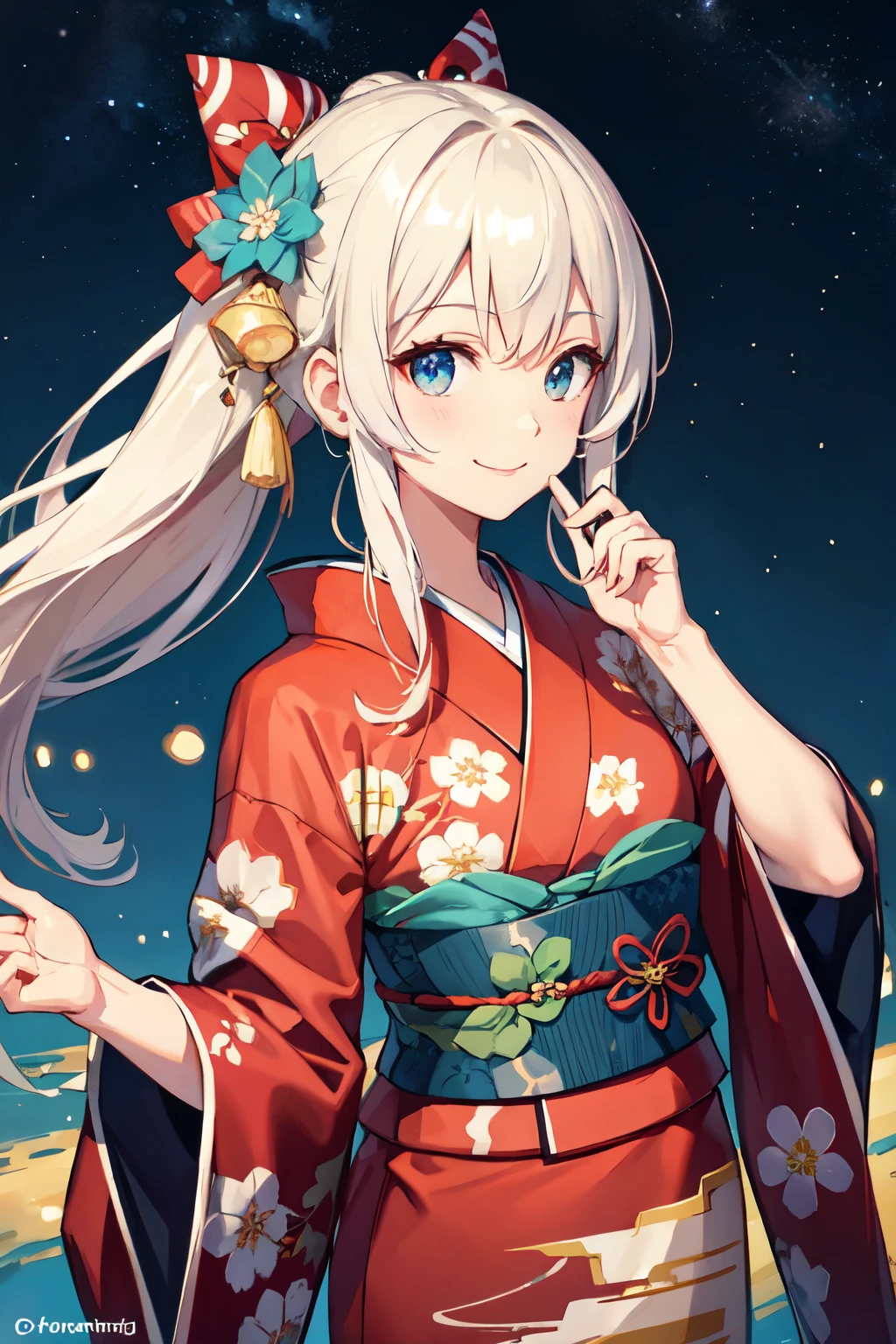 kimono,under the starry sky,smile,((highest quality)), ((masterpiece)), (be familiar with), perfect face