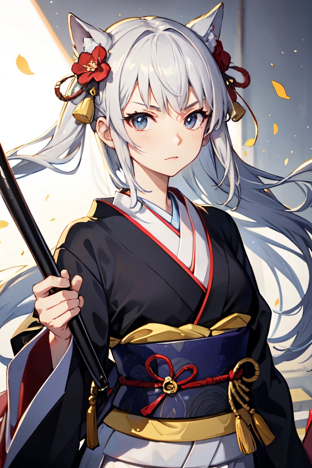 kimono,Holding a naginata,brave expression,((highest quality)), ((masterpiece)), (be familiar with), perfect face