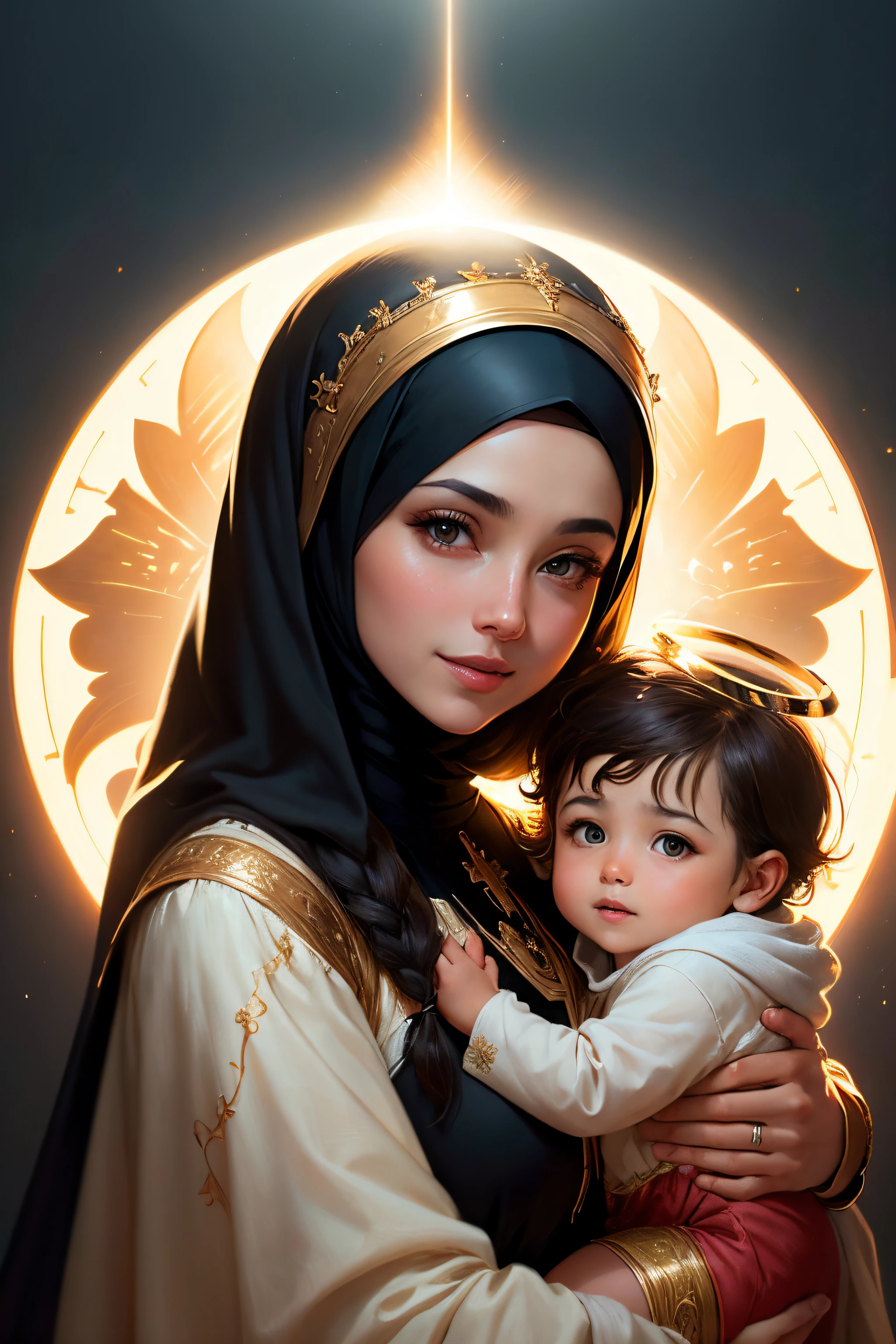 masterpiece, persian woman in hijab and , holy virgin mary with  boy in her arms, ((halo over head)), smiling, heavenly sky, half body, ((divine light)), ethereal, clouds, back lighting, realistic portrait, symmetrical, strong, intricate drawing, highly detailed, digital painting, art station, concept art, fluid, sharp focus, illustration, against heaven's gate, cinematic lighting, works by artgerm and greg rutkowski and alphonse mucha