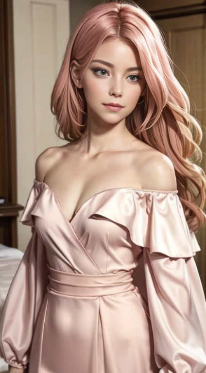 elegant, brutal designer, Bright colors, romanticism,off shoulder, rosy cheeks,perfect skin,Bedroom,innocence, purity, Functionality,in the center, stare,creamy,attractive, peach, pastel,hair between eyes,single side lock,cropped shoulder