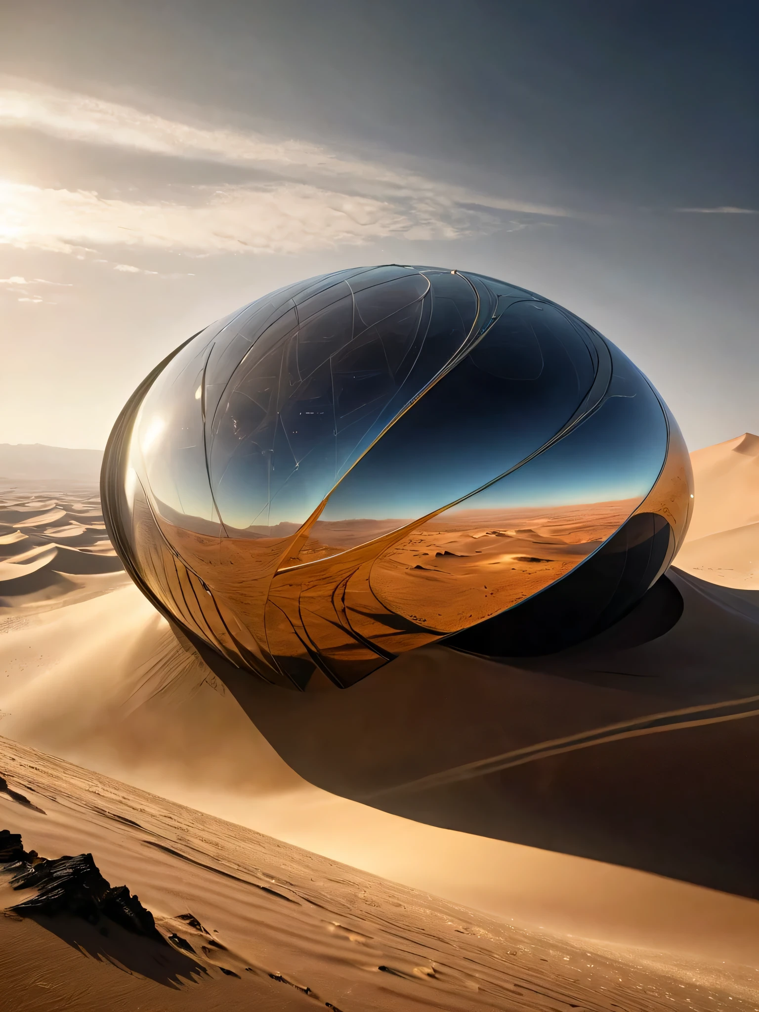 best quality, masterpiece, ultra high resolution, (lifelike:1.4), original photo,dune，scifi movie scene，Architecture in the desert、Mountain integration