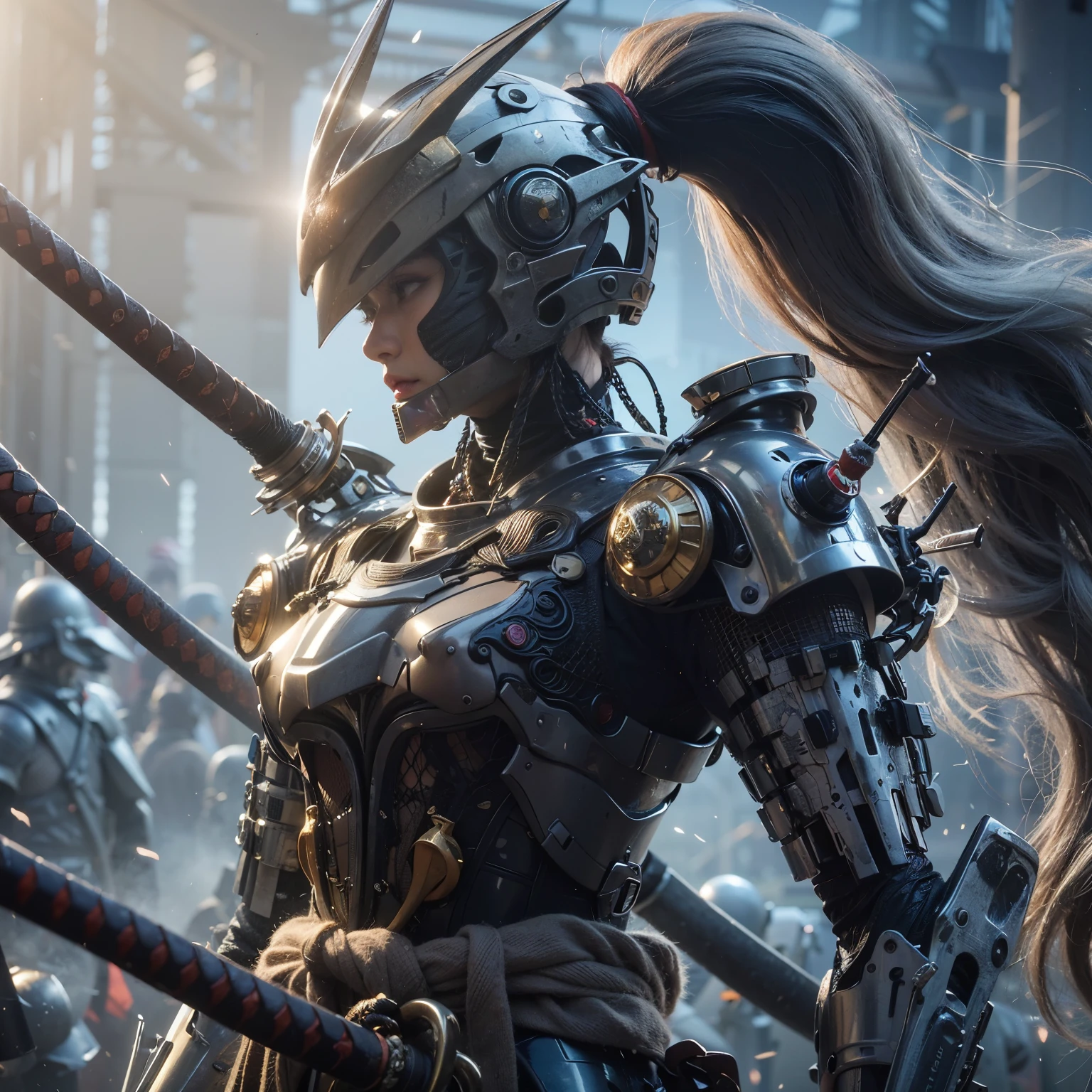 (best quality,4k,8k,highres,masterpiece:1.2), ultra-detailed, (realistic, photorealistic, photo-realistic:1.37), samurai armor, traditional Japanese sword, beautiful girl, kawaii, ponytail, super detailed, hyper-realistic texture, realistic, lifelike photography.