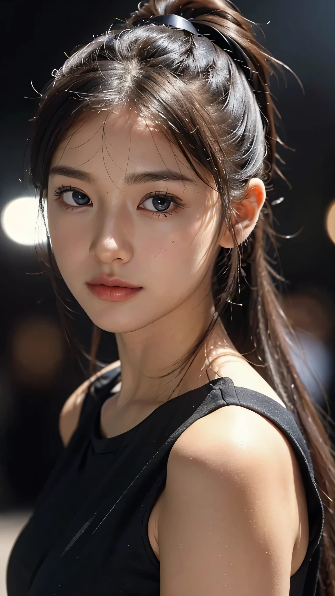 One woman,fully body photo,masutepiece, The highest image quality, High quality, the background is clear,Beautiful woman, Japanese, Detailed, Detailed eyes, Detailed skin, Beautiful skin, 超hight resolution, (reality: 1.4),Very beautiful woman, Slightly younger face, Beautiful skin, slender, (Ultra photo realsisim), (hight resolution), (8K), (Very detailed) (beautifully detailed eyes), (super detailed), (Detailed face), view the viewer, Fine details, Detailed face, Staring straight ahead, Staring straight ahead, photos realistic, Bright lighting, Professional Lighting, Black hair,poneyTail,a ,sixteen ye is ponytail,long ponytail hairstyle,slight smile,Orange colored long dress with lots of ruffles, softly shaped skirt,Spotlight on stage,close-up of face,