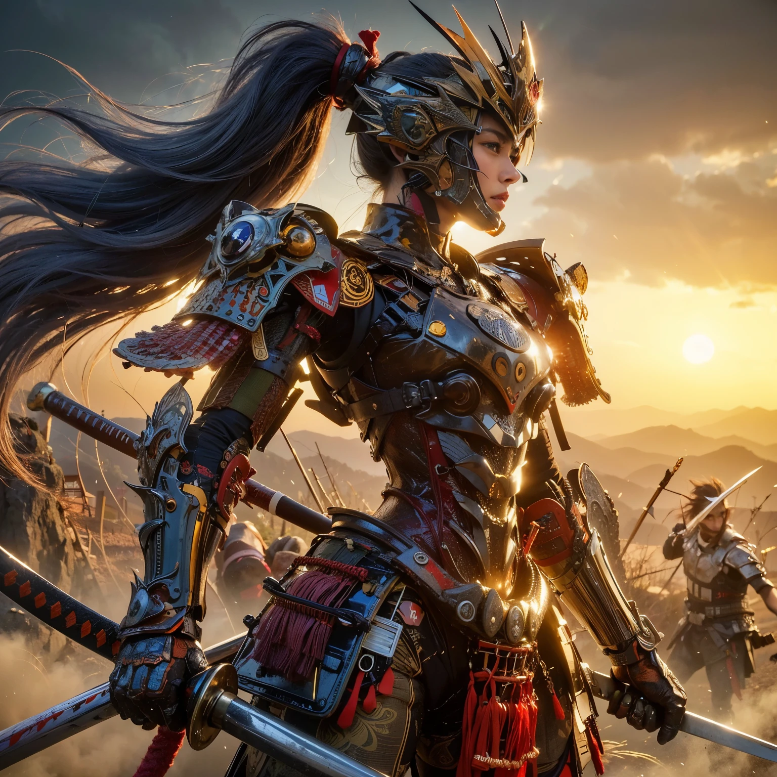 (best quality,4k,8k,highres,masterpiece:1.2), ultra-detailed, (realistic, photorealistic, photo-realistic:1.37), samurai armor, traditional Japanese sword, beautiful girl, kawaii, ponytail, super detailed, hyper-realistic texture, realistic, lifelike photography.