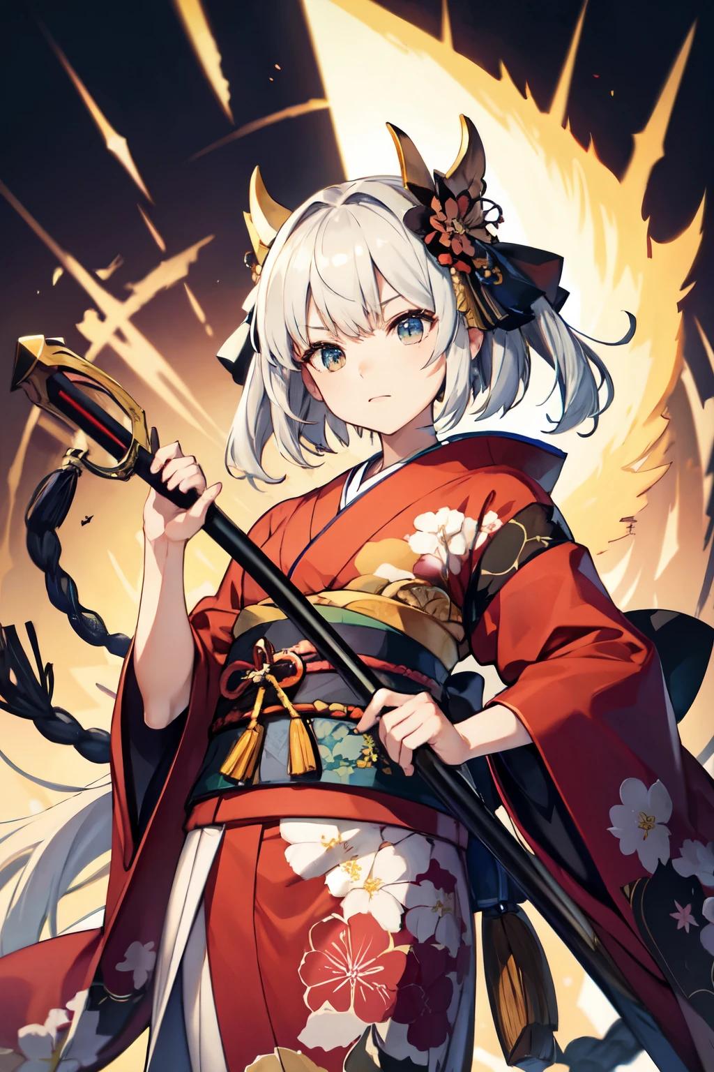 kimono,Holding a naginata,brave expression,((highest quality)), ((masterpiece)), (be familiar with), perfect face