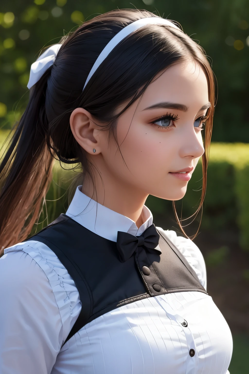 8K, Highest quality, (actual, Realism:1.37), Highest quality, beautiful young woman, A pensive expression, charming, attractive, appearance, Cute maid outfit, Hair tied behind the head, movie background, light skin color, smile,