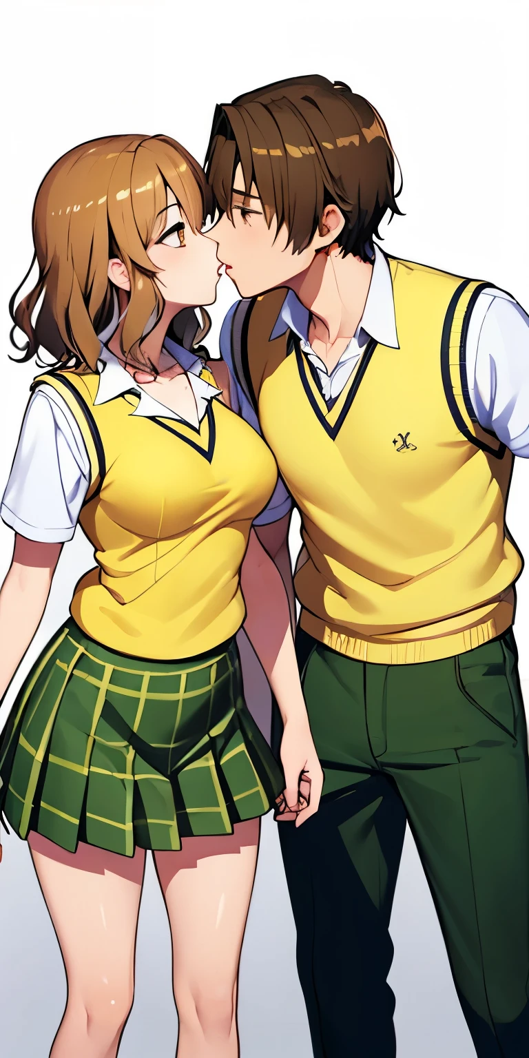 girl、short brown hair、brown eyes、large breasts、clavicle、、high school student、collared shirt、white shirt、sweater vest、(yellow vest:1.2)、short sleeve、pleated skirt、green skirt、white sockary jane、genderbend、boy、Man chest、pleated skirt、green skirt、couple、kiss、