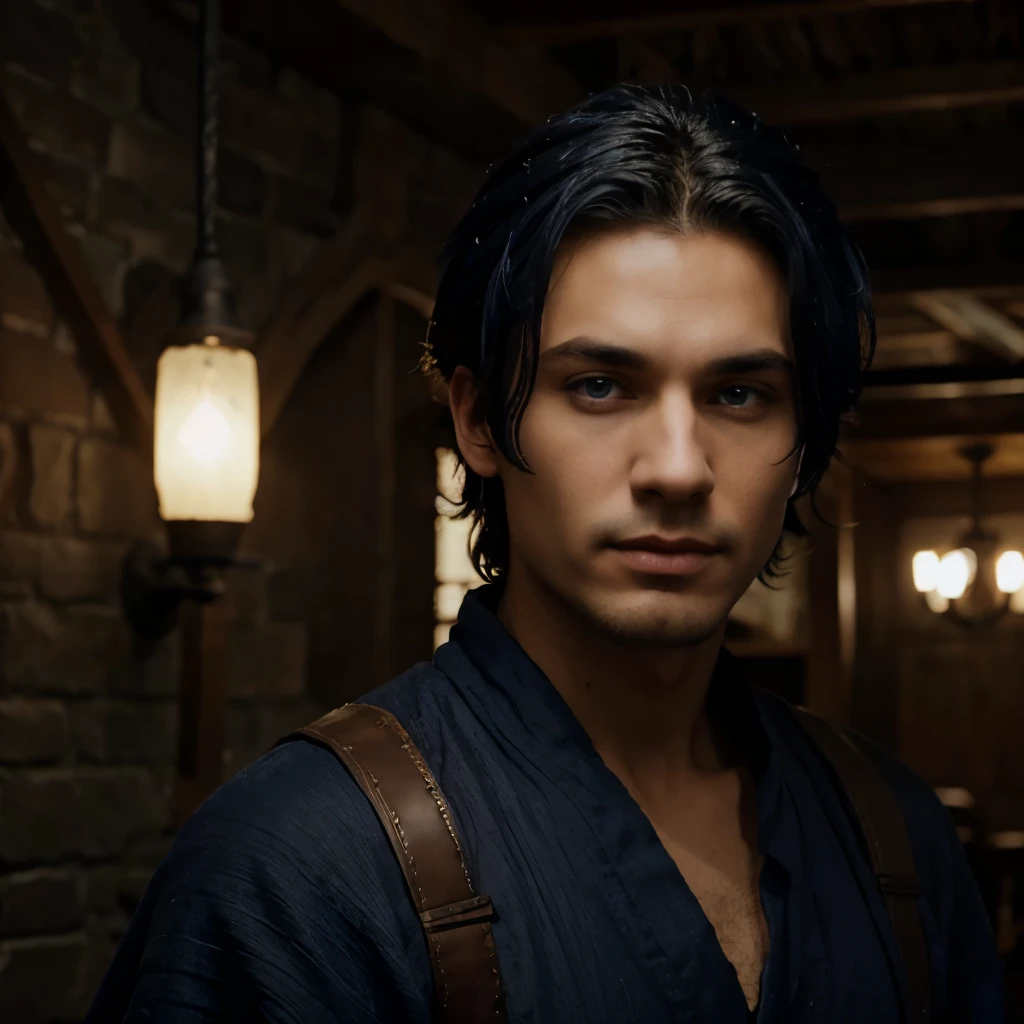 a man with spiky hair, dark blue hair, dark blue eyes, a healer wearing a typical brightly colored magical robe