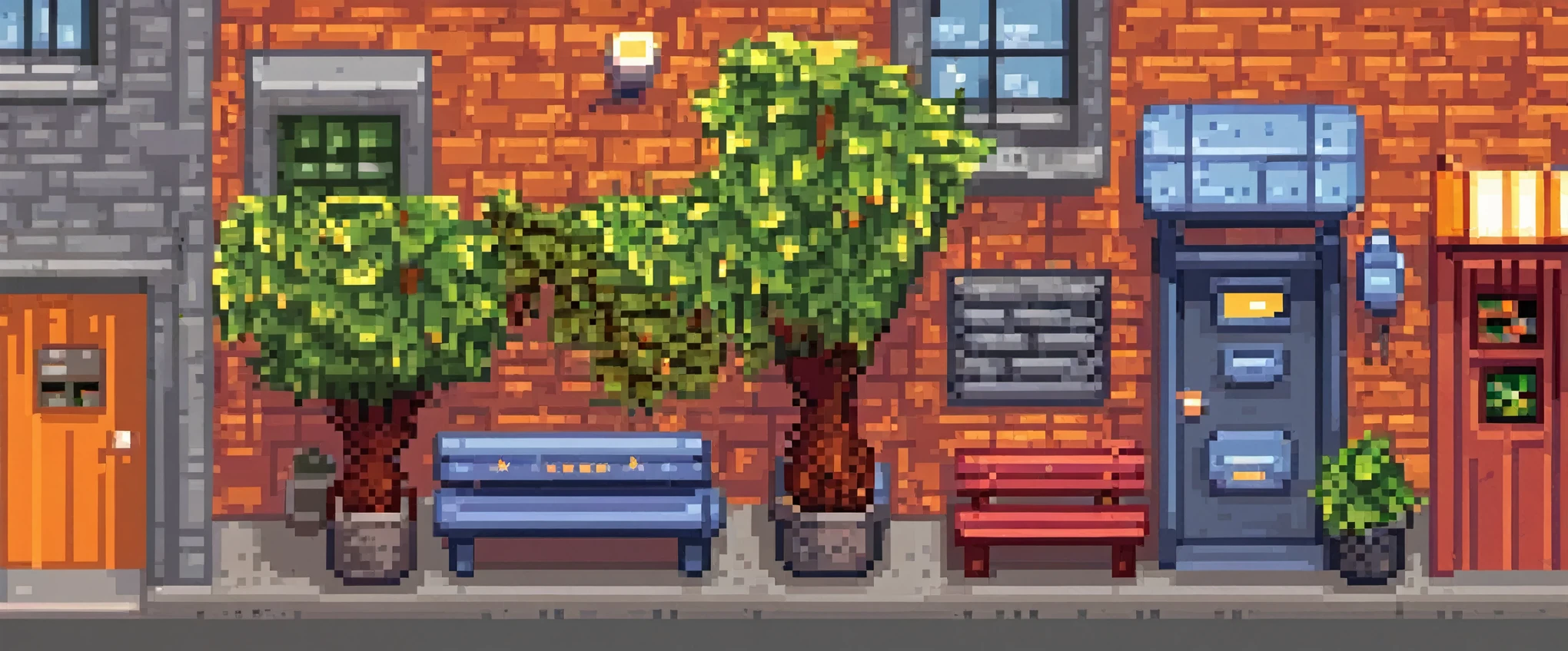 8-bit pixel wind,pixel art,The top third of the scene depicts a serene blue sky during the day where sunlight filters through thin clouds onto the ground, transitioning into an orange-red sunset in the evening, and evolving into a night sky filled with twinkling stars and a crescent moon at its brightest. To maintain a pixel art style, the sky consists of varying layers of blue, white, and a few warm-colored pixels, creating a gradient effect. In the middle section of the image, a continuous arrangement of multi-story buildings is showcased, tightly interconnected to form a bustling commercial district. Each building represents a typical pixel-art residential or commercial structure, featuring a combination design of red bricks, gray tiles, and white window frames. Balconies adorned with greenery dot the façades. The staggered arrangement of floors creates visual depth, with some windows illuminated, hinting at interior activities. The edges of the rooftops hang vintage-styled signs crafted using pixel fonts to display business names. The lower part of the composition focuses on a spacious street paved with alternating light and dark gray pixels, mimicking the texture of a concrete road surface. On either side of the street, pedestrian walkways are differentiated by distinct colors from the road itself, accompanied by minimalist streetlights and benches lining the sidewalks. Colorful pixel trees with swaying leaves line the avenue, adding vibrancy to the scene. Interactive objects such as mailboxes, trash cans, and telephone booths are placed along the street., A masterpiece in up to 16K resolution, Excellent quality. | ((more_detail))