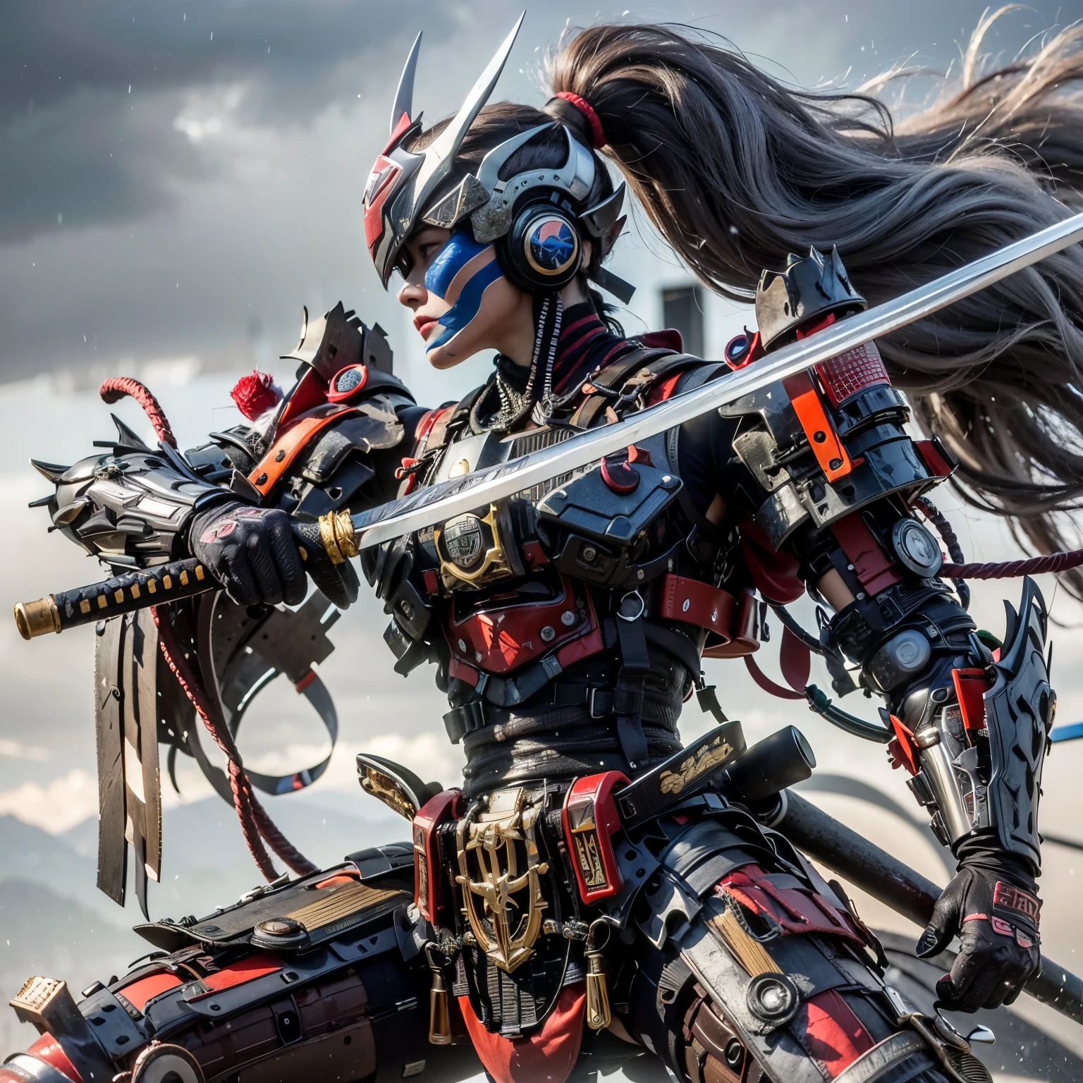 (best quality,4k,8k,highres,masterpiece:1.2), ultra-detailed, (realistic, photorealistic, photo-realistic:1.37), samurai armor, traditional Japanese sword, beautiful girl, kawaii, ponytail, super detailed, hyper-realistic texture, realistic, lifelike photography.